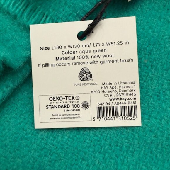 Hay Mono Blanket 100% Pure New Wool Aqua Green L71 x W51.25 in NWT - Picture 4 of 5